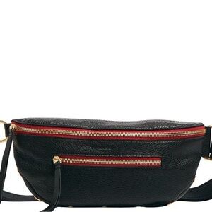 Hammitt Charles Crossbody•Medium•Black Leather•Brushed Gold•Red Trim